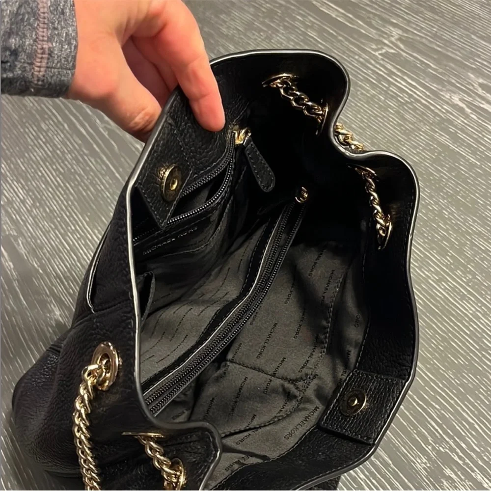 Michael Kors Black Pebbled Leather Shoulder Tote with Gold Chain Strap